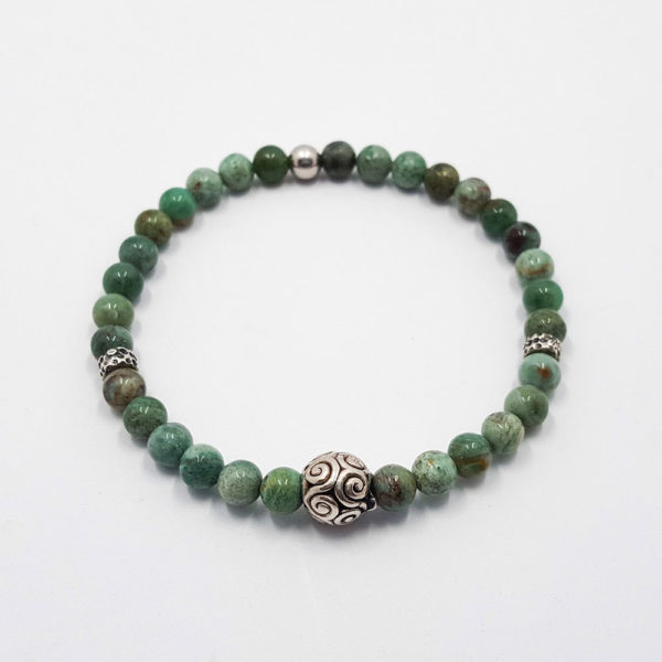 Bracciale elastico con diaspro verde ed elementi in Argento 925.
