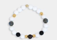 Bracciale elastico con agata bianca labradorite onice quarzo fumè ed ematite