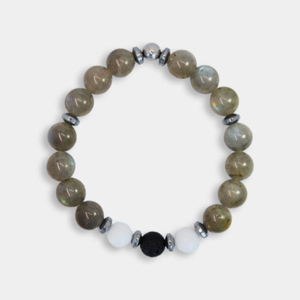 Bracciale elastico con labradorite agata bianca pietra lavica ed ematite