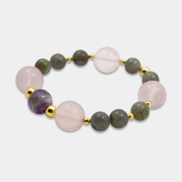 Bracciale elastico con labradorite quarzo rosa ametista ed ematite